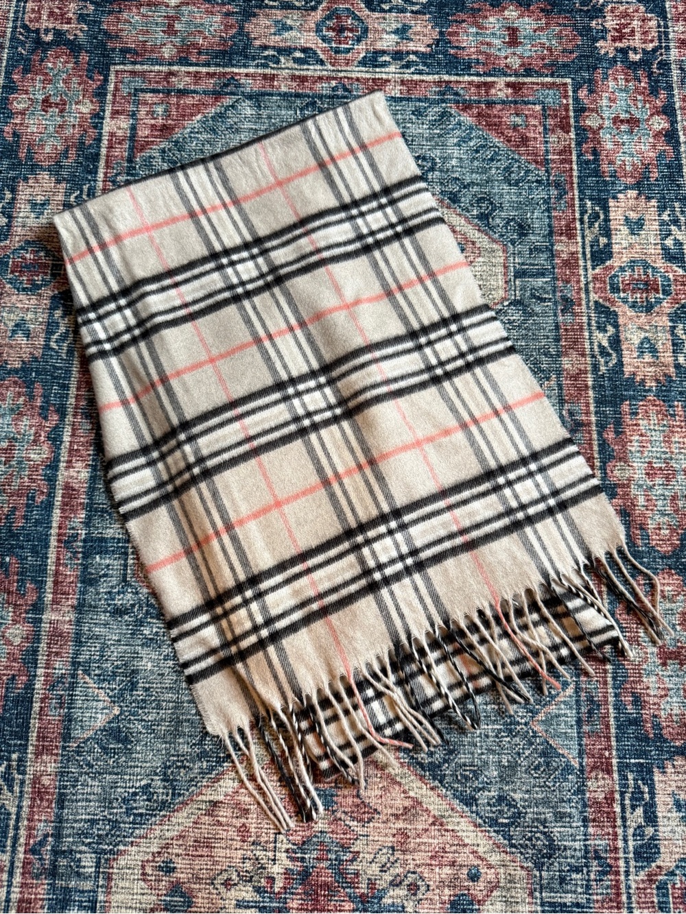 V. FRAAS Beige Plaid Fringe Scarf with Black & Pink Stripes